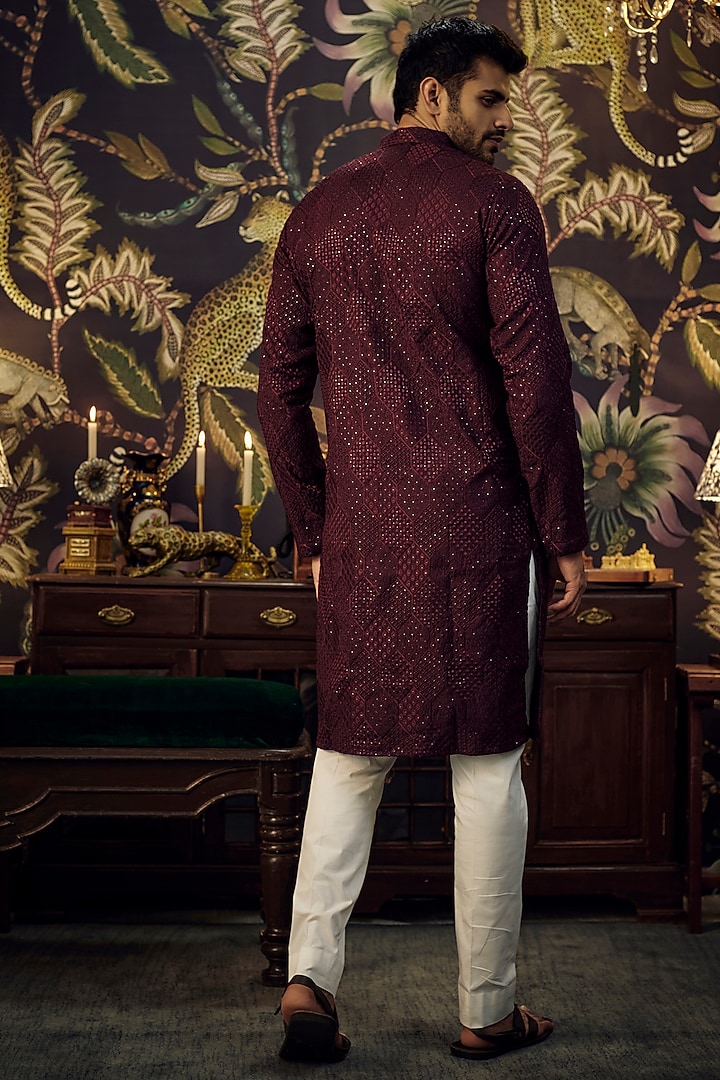 Wine Georgette Chikankari Work Kurta by Kasbah Clothing at Pernia's Pop Up Shop