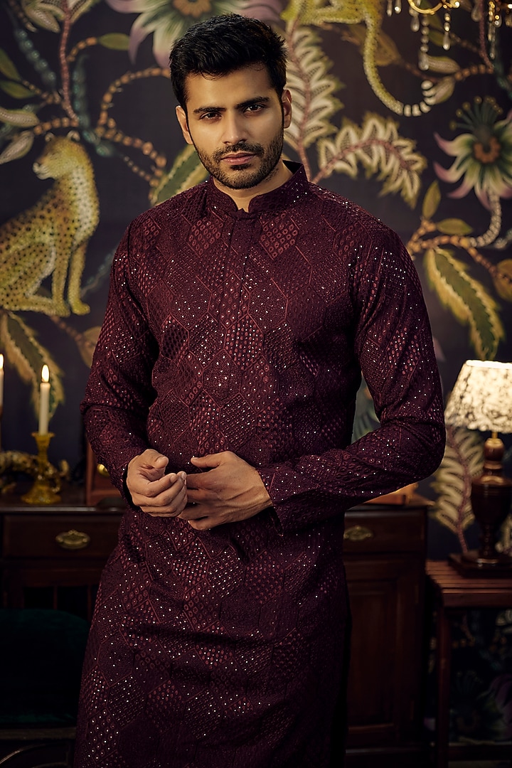 Wine Georgette Chikankari Work Kurta by Kasbah Clothing at Pernia's Pop Up Shop
