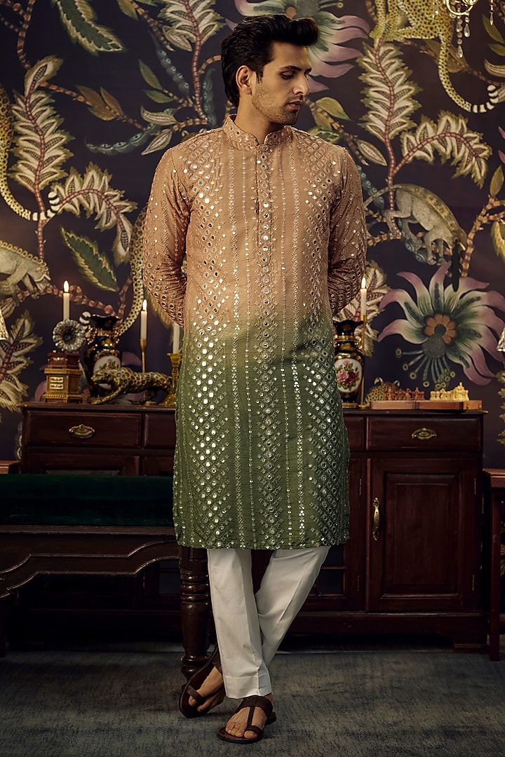 Copper & Green Ombre Silk Mirror Work Kurta by Kasbah Clothing at Pernia's Pop Up Shop