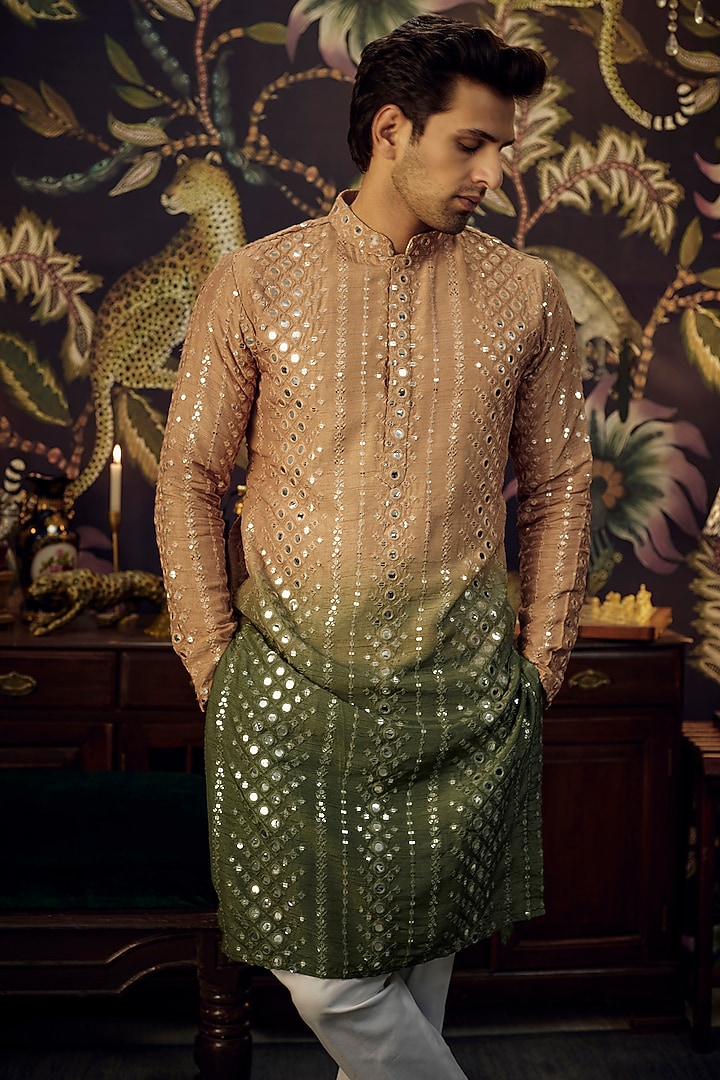 Copper & Green Ombre Silk Mirror Work Kurta by Kasbah Clothing at Pernia's Pop Up Shop