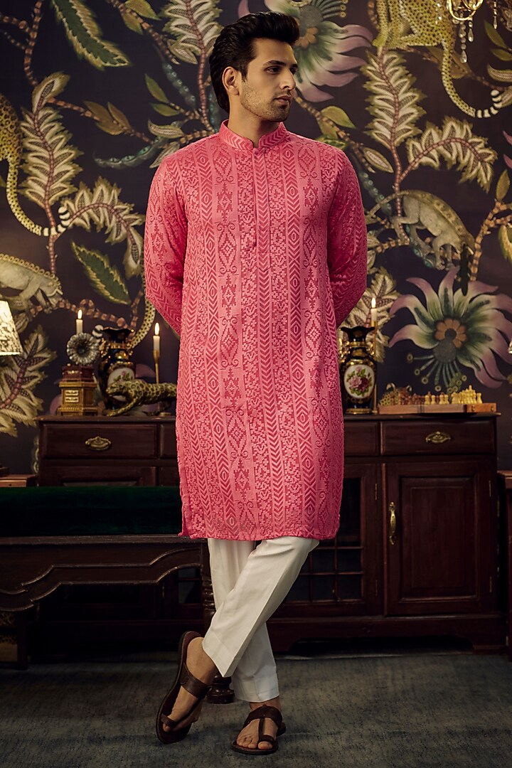Hot Pink Georgette Thread Embroidered Chikankari Kurta by Kasbah Clothing at Pernia's Pop Up Shop
