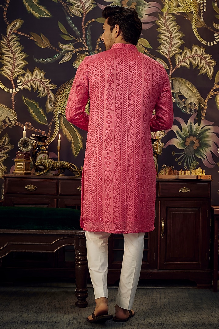 Hot Pink Georgette Thread Embroidered Chikankari Kurta by Kasbah Clothing at Pernia's Pop Up Shop