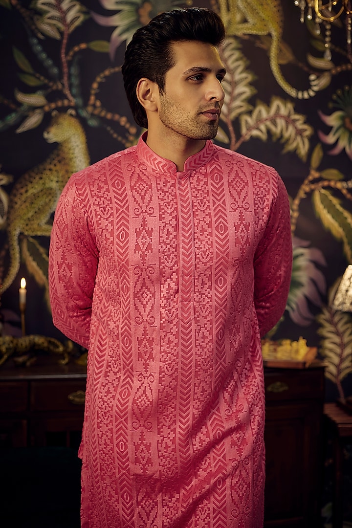Hot Pink Georgette Thread Embroidered Chikankari Kurta by Kasbah Clothing at Pernia's Pop Up Shop
