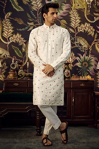 White & Pink Mirror Work Kurta by Kasbah Clothing