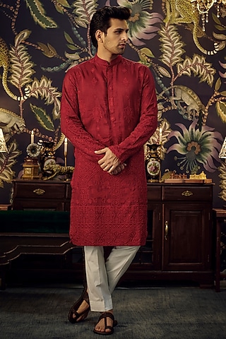 Maroon Silk Embroidered Chikankari Kurta by Kasbah Clothing
