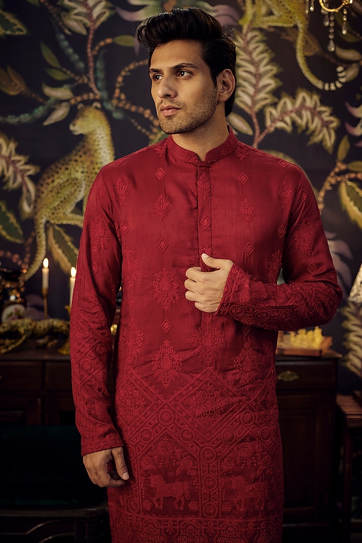 Maroon Silk Embroidered Chikankari Kurta by Kasbah Clothing at Pernia's Pop Up Shop