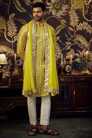 Yellow Silk Mirror Work Kurta With Stole by Kasbah Clothing