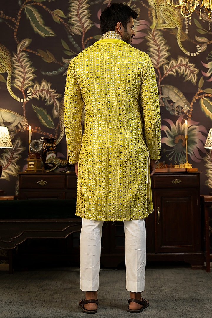 Yellow Silk Mirror Work Kurta With Stole by Kasbah Clothing at Pernia's Pop Up Shop