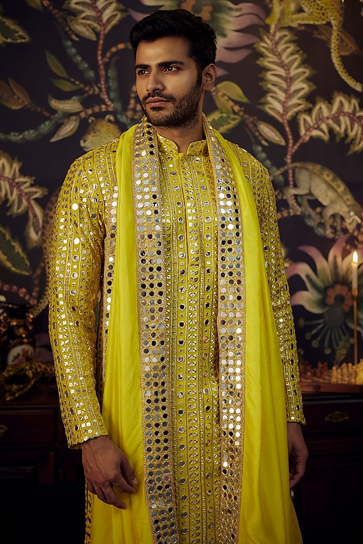 Yellow Silk Mirror Work Kurta With Stole by Kasbah Clothing at Pernia's Pop Up Shop