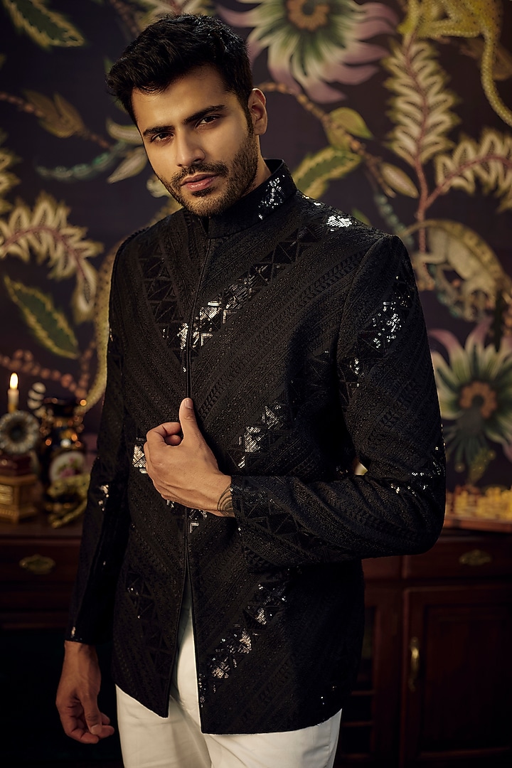 Black Silk Embroidered Wedding Bandhgala by Kasbah Clothing at Pernia's Pop Up Shop