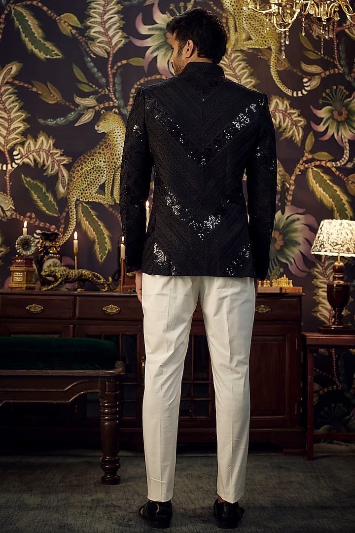 Black Silk Embroidered Wedding Bandhgala by Kasbah Clothing at Pernia's Pop Up Shop