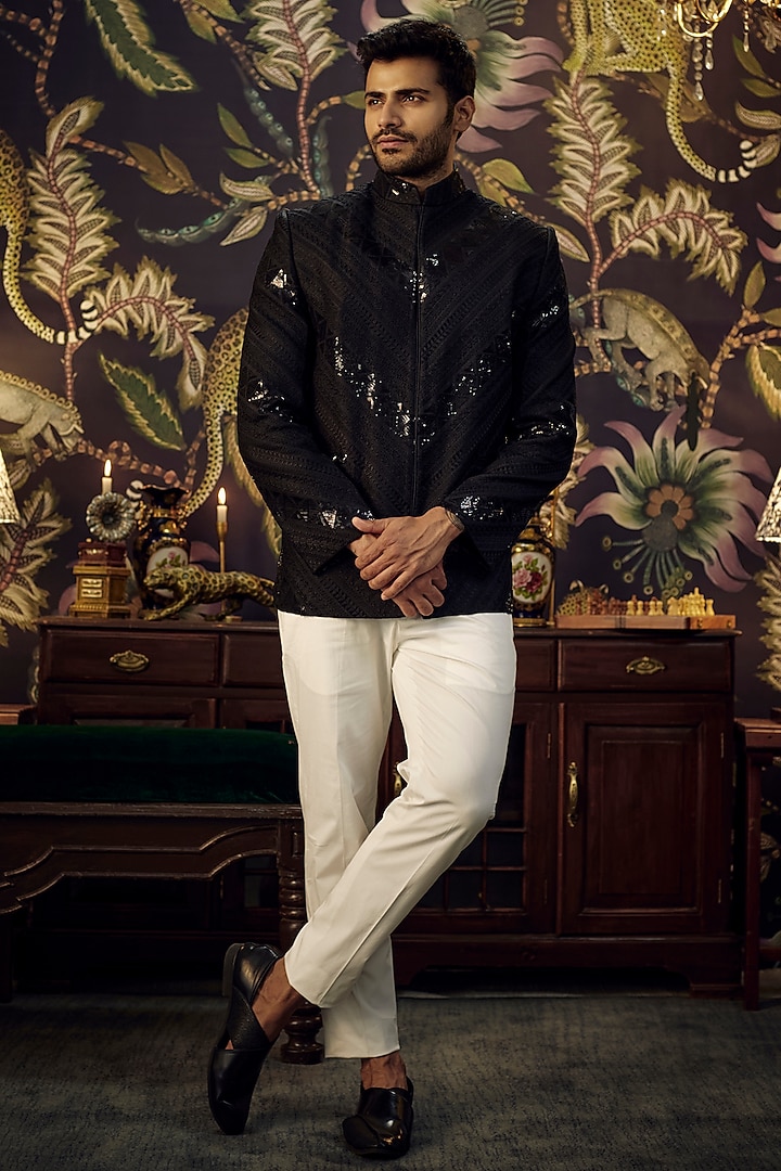 Black Silk Embroidered Wedding Bandhgala by Kasbah Clothing at Pernia's Pop Up Shop
