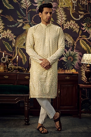 Beige Georgette Thread Work Kurta by Kasbah Clothing