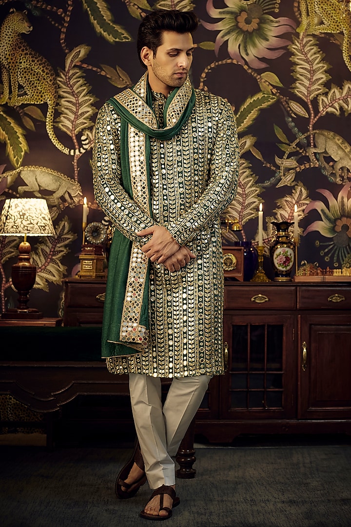 Green Georgette Mirror Work Kurta With Stole by Kasbah Clothing at Pernia's Pop Up Shop