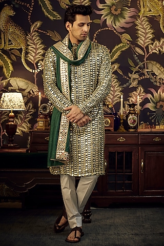 Green Georgette Mirror Work Kurta With Stole by Kasbah Clothing