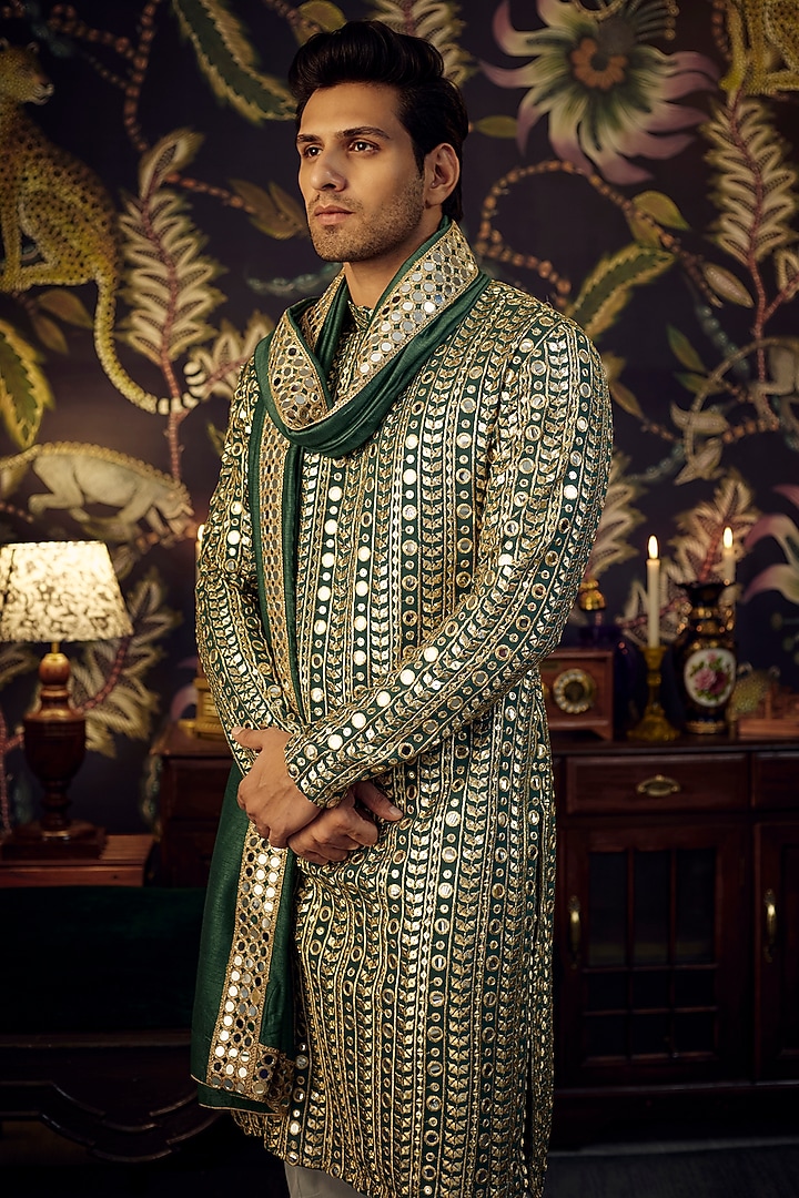 Green Georgette Mirror Work Kurta With Stole by Kasbah Clothing at Pernia's Pop Up Shop