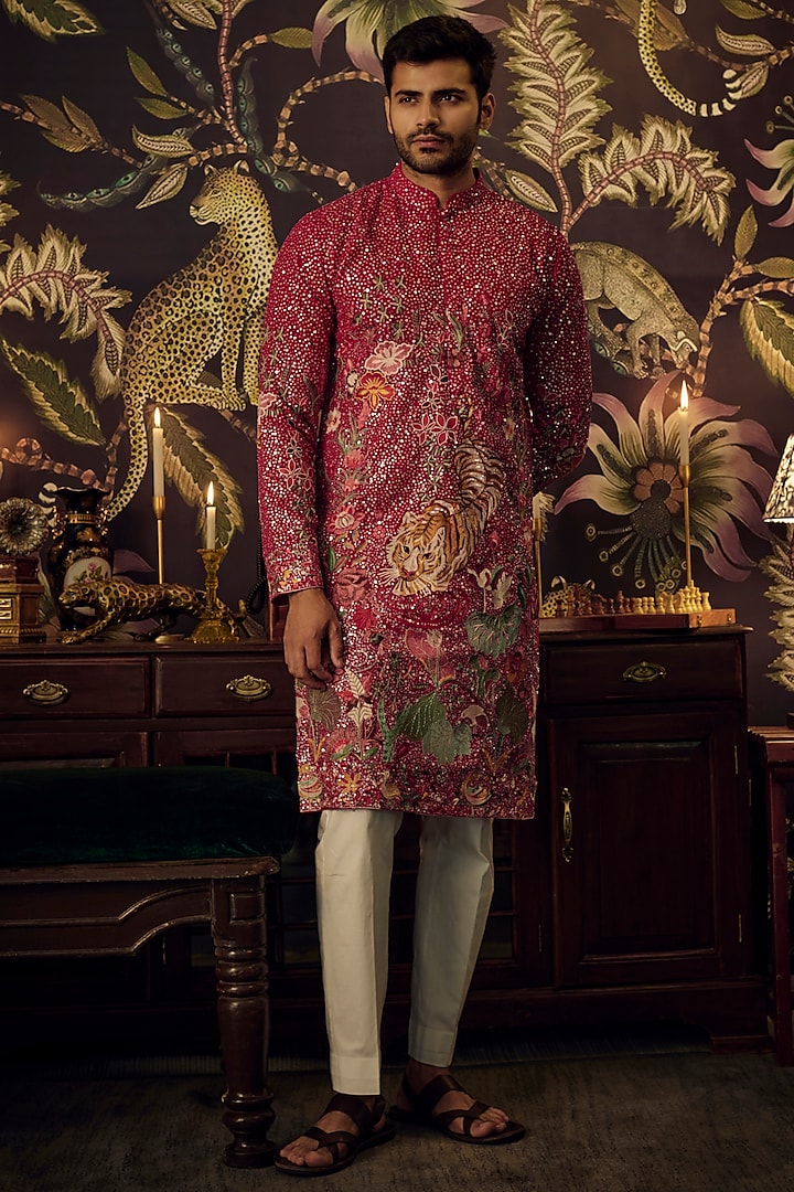 Pink Georgette Floral Embroidered Kurta by Kasbah Clothing