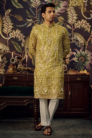 Neon Green Georgette Floral Embroidred Chikankari Kurta by Kasbah Clothing