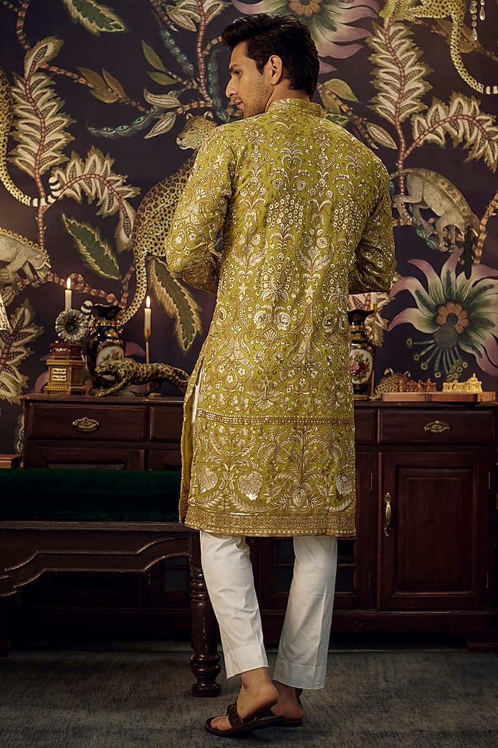 Neon Green Georgette Floral Embroidred Chikankari Kurta by Kasbah Clothing at Pernia's Pop Up Shop