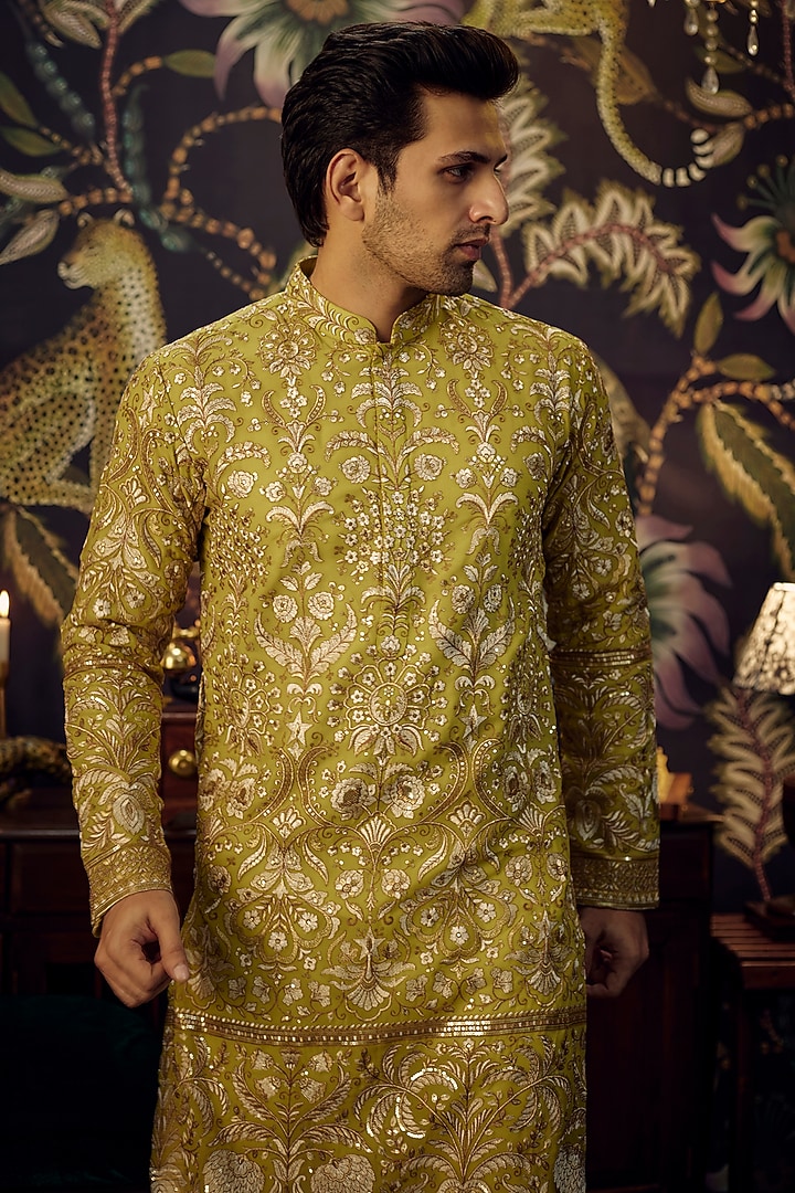 Neon Green Georgette Floral Embroidred Chikankari Kurta by Kasbah Clothing at Pernia's Pop Up Shop