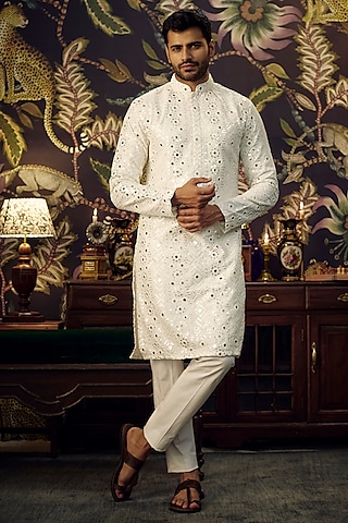 White Silk Mirror Work Kurta by Kasbah Clothing