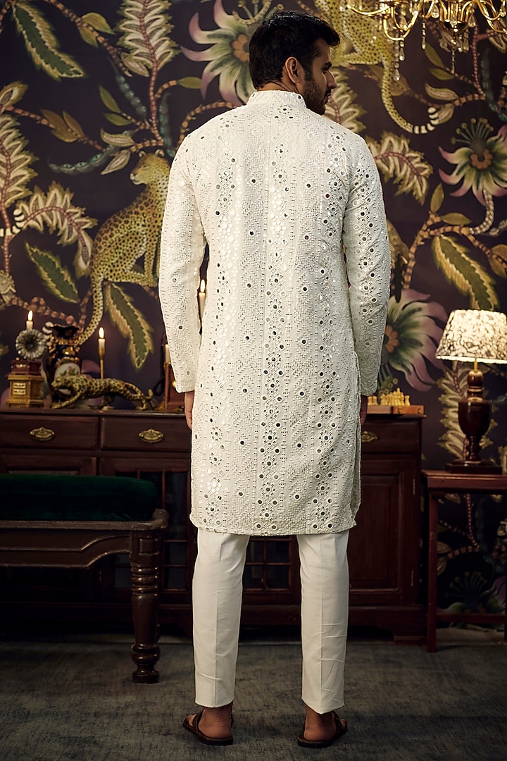 White Silk Mirror Work Kurta by Kasbah Clothing at Pernia's Pop Up Shop
