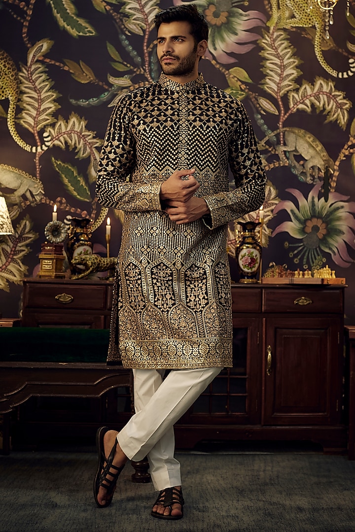 Black Georgette Sequins Embroidered Kurta by Kasbah Clothing at Pernia's Pop Up Shop