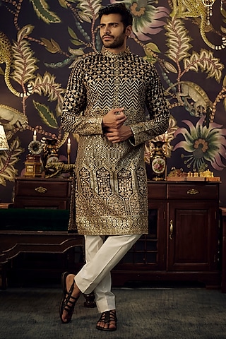 Black Georgette Sequins Embroidered Kurta by Kasbah Clothing