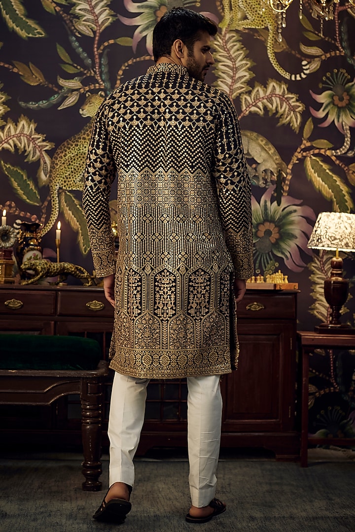 Black Georgette Sequins Embroidered Kurta by Kasbah Clothing at Pernia's Pop Up Shop