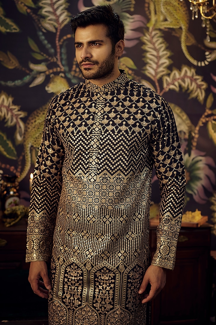 Black Georgette Sequins Embroidered Kurta by Kasbah Clothing at Pernia's Pop Up Shop