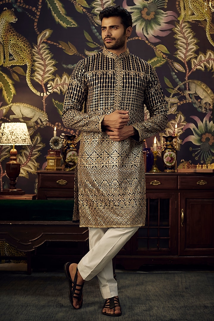 Black Georgette Sequins Embroidered Kurta by Kasbah Clothing at Pernia's Pop Up Shop