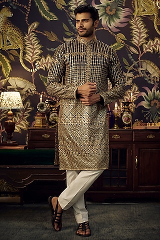 Black Georgette Sequins Embroidered Kurta by Kasbah Clothing