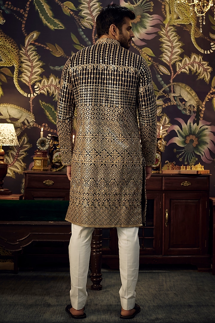 Black Georgette Sequins Embroidered Kurta by Kasbah Clothing at Pernia's Pop Up Shop