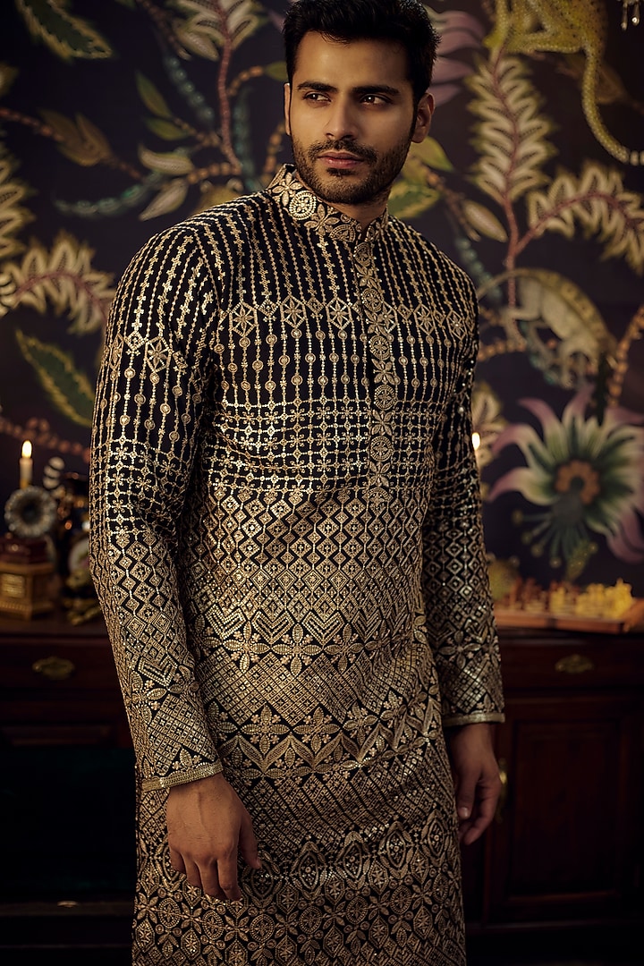 Black Georgette Sequins Embroidered Kurta by Kasbah Clothing at Pernia's Pop Up Shop