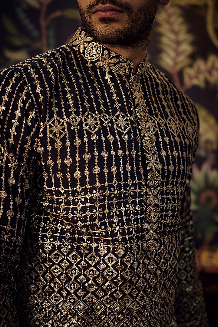 Black Georgette Sequins Embroidered Kurta by Kasbah Clothing at Pernia's Pop Up Shop