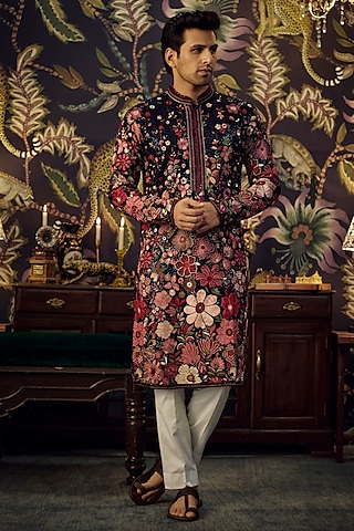 Blue Georgette Floral Embroidered Kurta by Kasbah Clothing