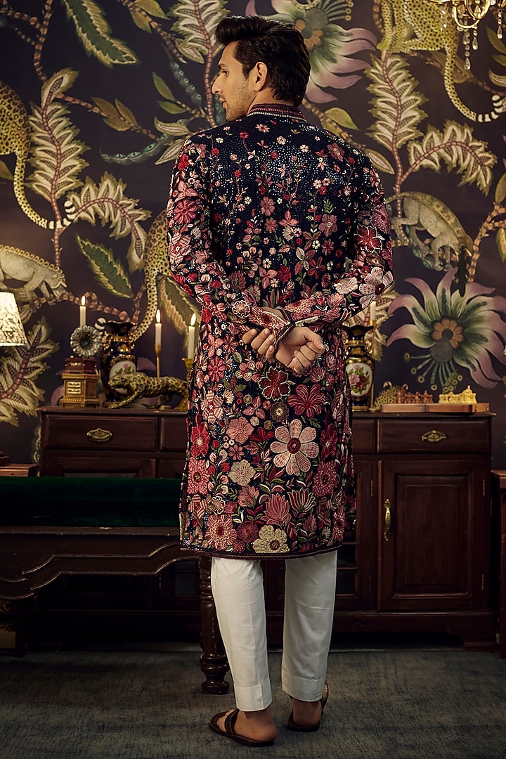 Blue Georgette Floral Embroidered Kurta by Kasbah Clothing at Pernia's Pop Up Shop