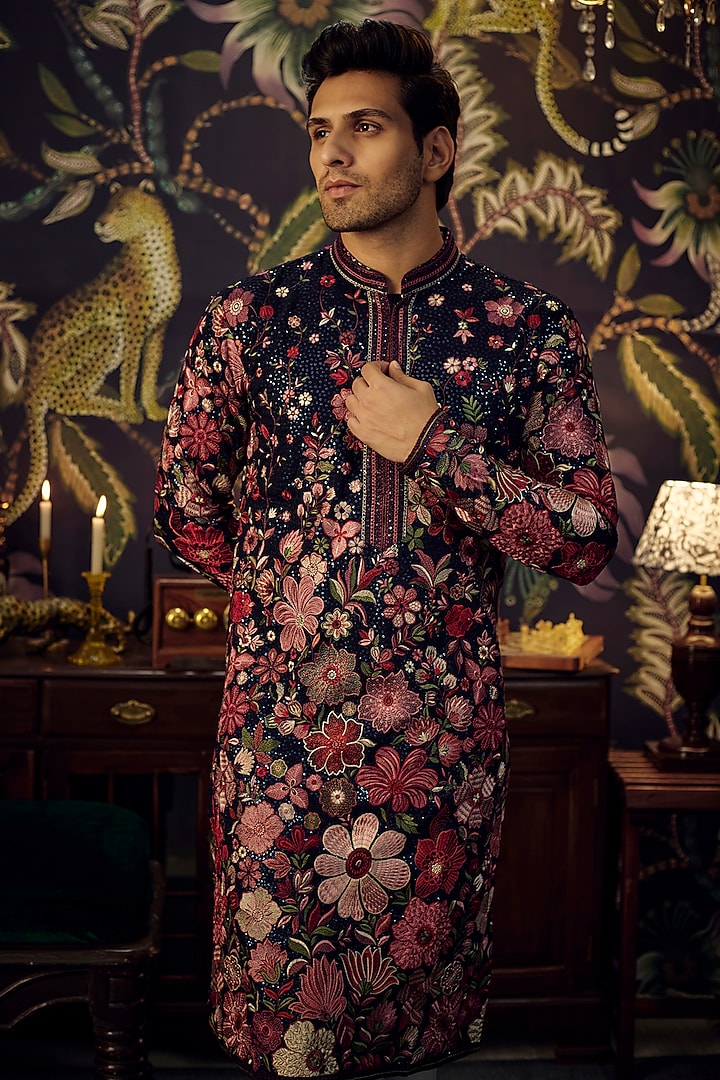 Blue Georgette Floral Embroidered Kurta by Kasbah Clothing at Pernia's Pop Up Shop