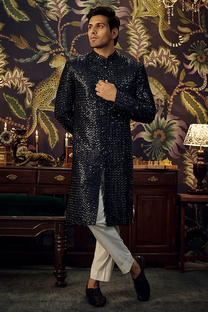 Navy Blue Silk Cutdana Embroidered Indowestern by Kasbah Clothing