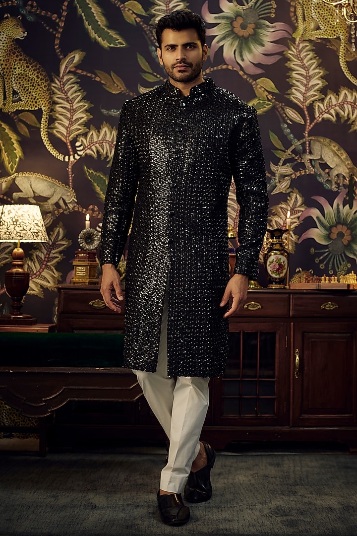 Black Silk Cutdana Embroidered Wedding Indowestern by Kasbah Clothing at Pernia's Pop Up Shop