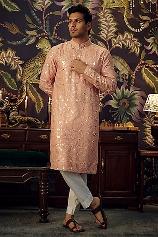 Peach Silk Mirror Work Kurta by Kasbah Clothing