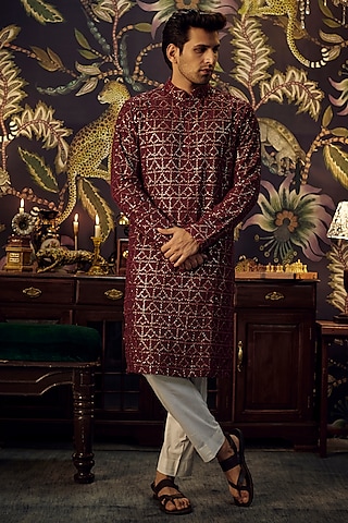 Maroon Silk Sequins Embroidered Chikankari Kurta by Kasbah Clothing