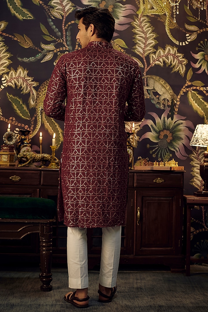 Maroon Silk Sequins Embroidered Chikankari Kurta by Kasbah Clothing at Pernia's Pop Up Shop