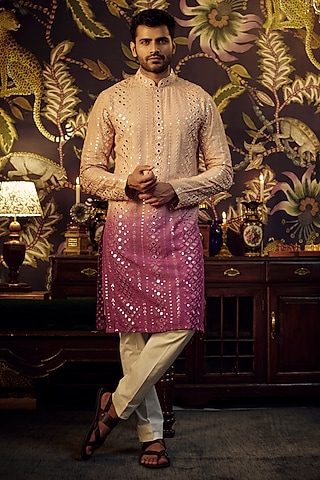 Nude & Sage Ombre Silk Mirror Work Kurta by Kasbah Clothing
