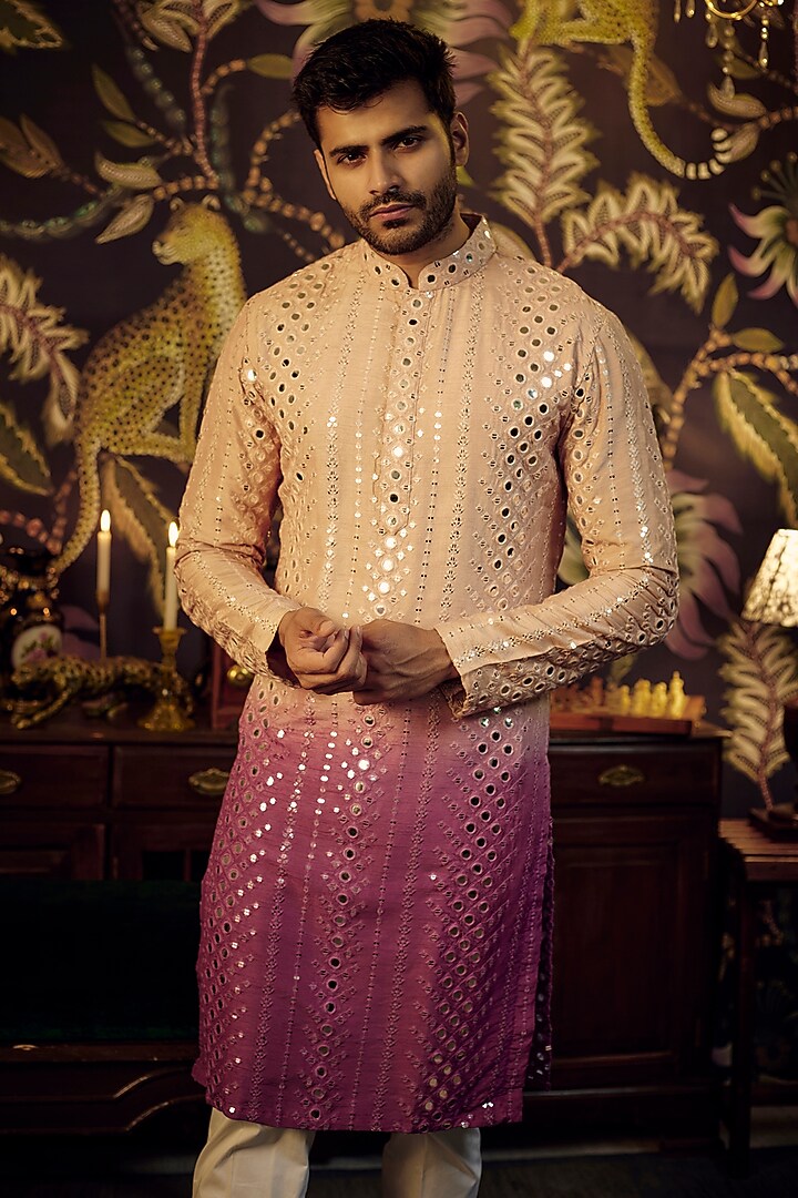 Nude & Sage Ombre Silk Mirror Work Kurta by Kasbah Clothing at Pernia's Pop Up Shop