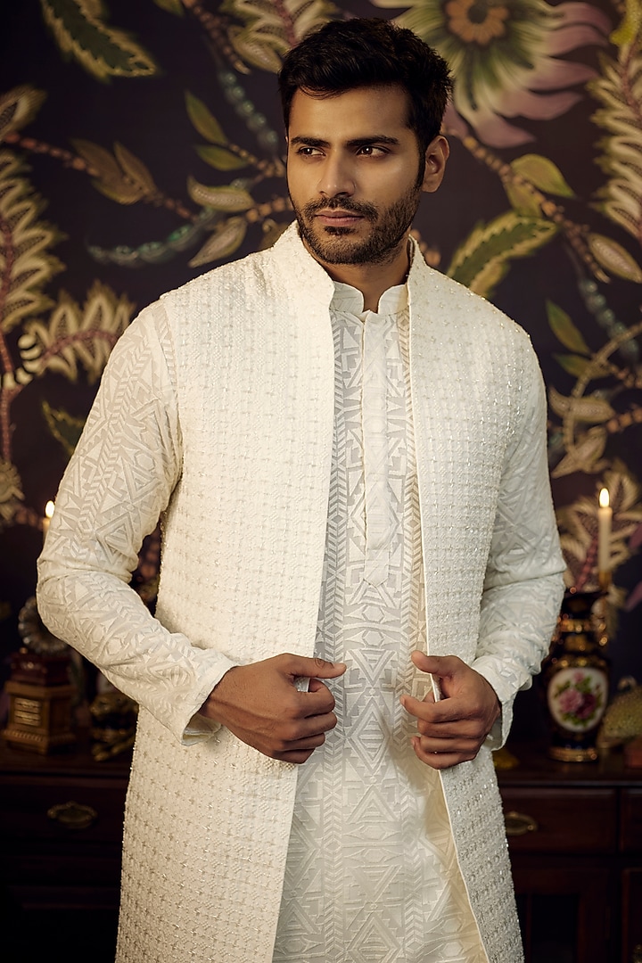 White Silk Cutdana Embroidered Wedding Indowestern by Kasbah Clothing at Pernia's Pop Up Shop