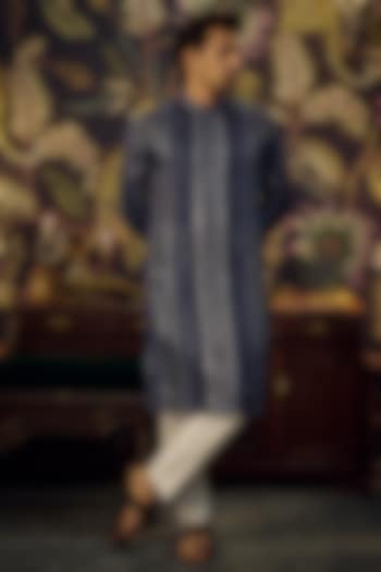 Midnight Blue Georgette Mirror Embellished Kurta by Kasbah Clothing at Pernia's Pop Up Shop