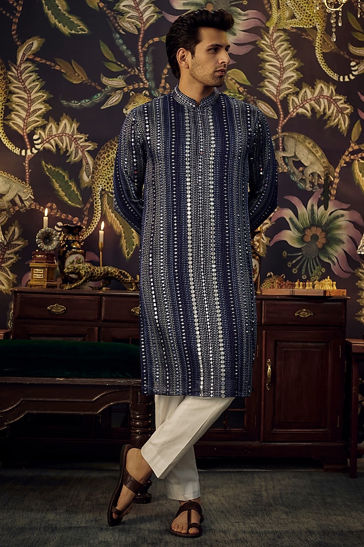 Midnight Blue Georgette Mirror Embellished Kurta by Kasbah Clothing at Pernia's Pop Up Shop