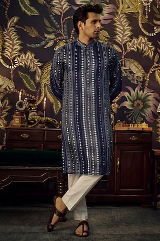 Midnight Blue Georgette Mirror Embellished Kurta by Kasbah Clothing