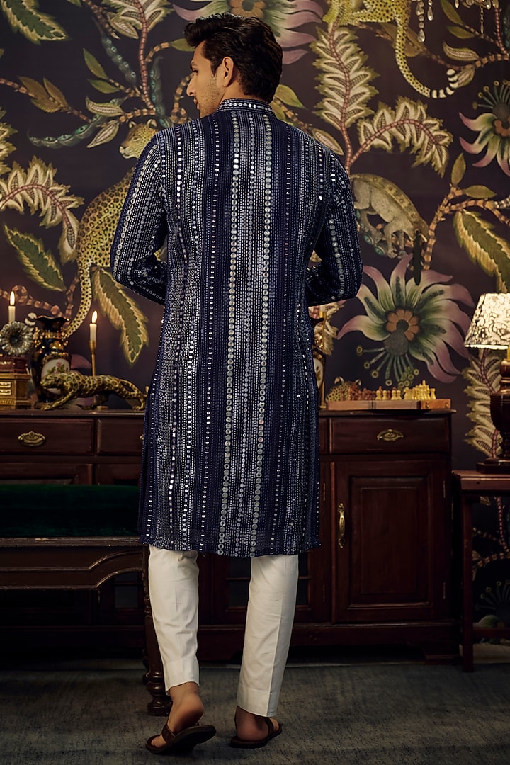 Midnight Blue Georgette Mirror Embellished Kurta by Kasbah Clothing at Pernia's Pop Up Shop